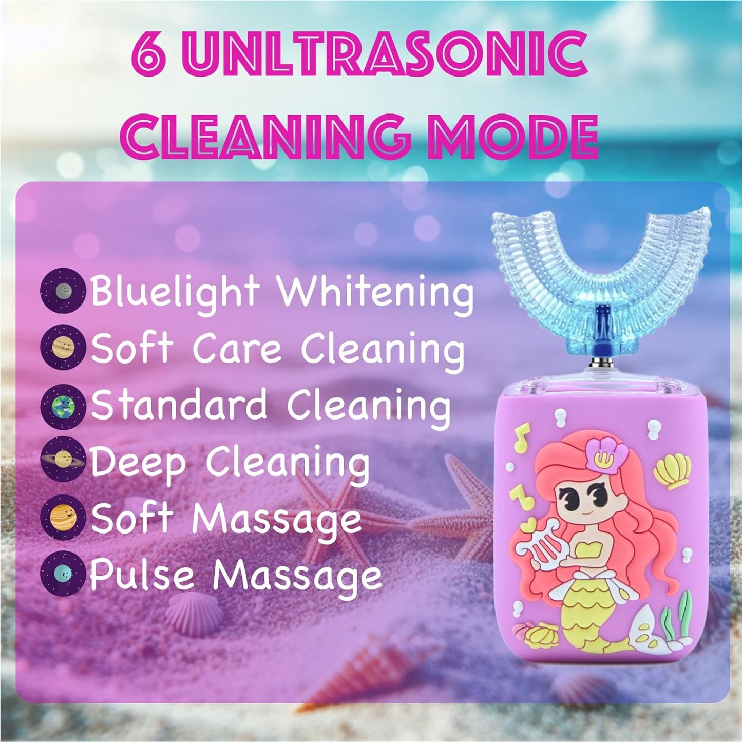 Kids Electric Toothbrush, U Shaped Toothbrush Kids Sonic Automatic Brush with Cup 5 Brush Head 6 Clean Modes IPX7 Waterproof Mermaid Design Rechargeable Smart Timer for Children 8-14