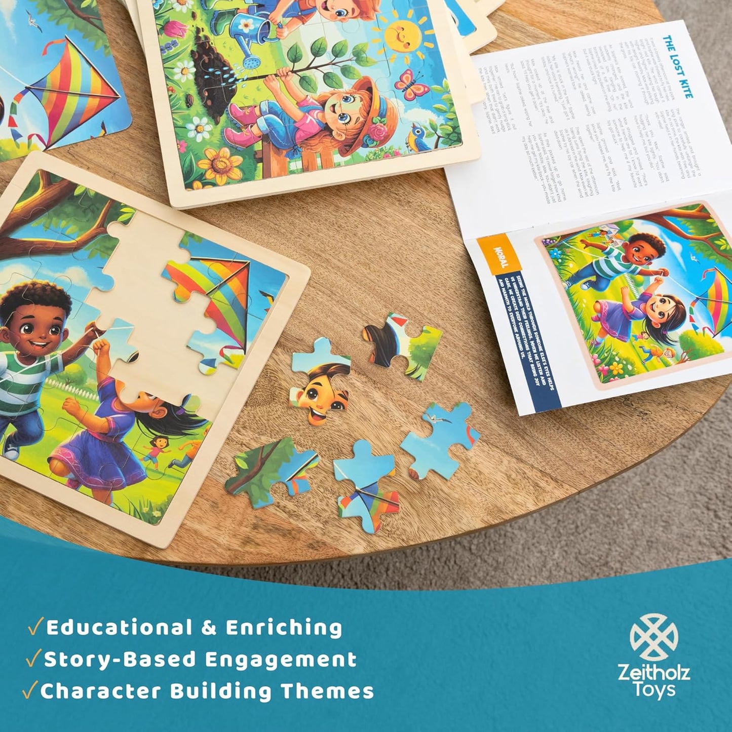 6 Educational Wooden Puzzles & Storybook, Teaches Kindness, Empathy & More ā 6 in 1 Jigsaw Puzzle for Kids Ages 3-7 ā Learn Real Values Through Stories ā Montessori Puzzle Set 25 Pieces