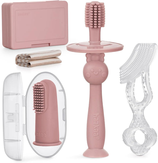 haakaa Training Toothbrush Set Oral Care Kit, Soft Silicone Toothbrush for Baby, Infants, Toddlers & Kids, Blush