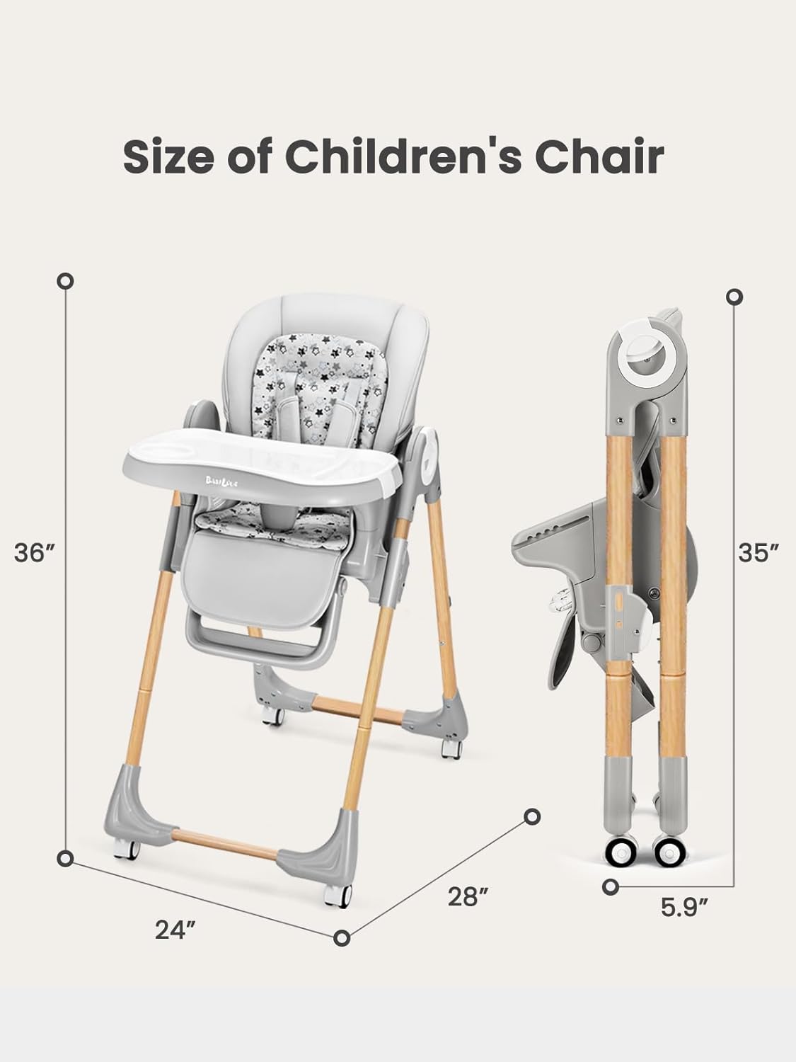 Foldable High Chair with Soft Cushion, High Chairs for Babies and Toddlers, Height Adjustable Feeding Chair, Adjustable Backrest and Footrest, Lockable Wheels, Woodgrain Star Gray
