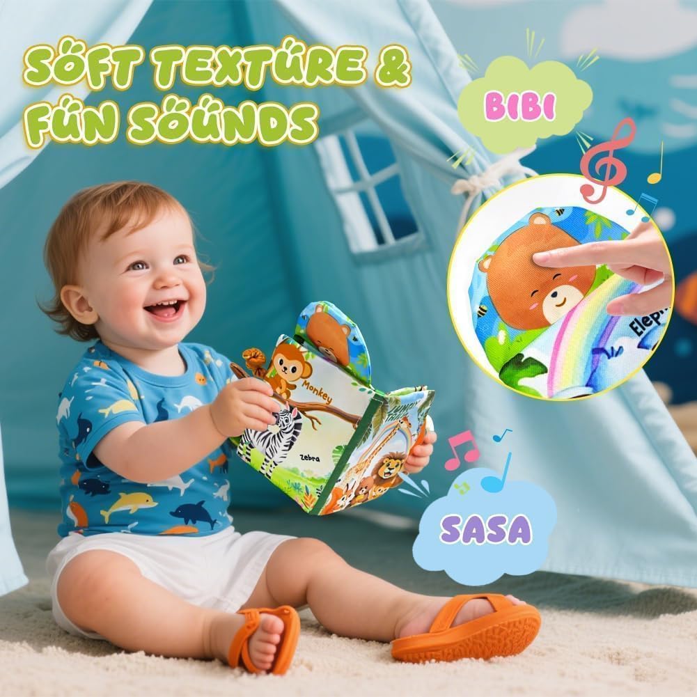 Baby Toys 0-6 Month, Crinkle Books for Babies, Jungle Tails Soft Baby Cloth Books 6 to 12 Months with 10 Pcs Jungle Animal Finger Puppets, Infant Tummy Time Sensory Toys, Newborn Gifts for Boys Girls