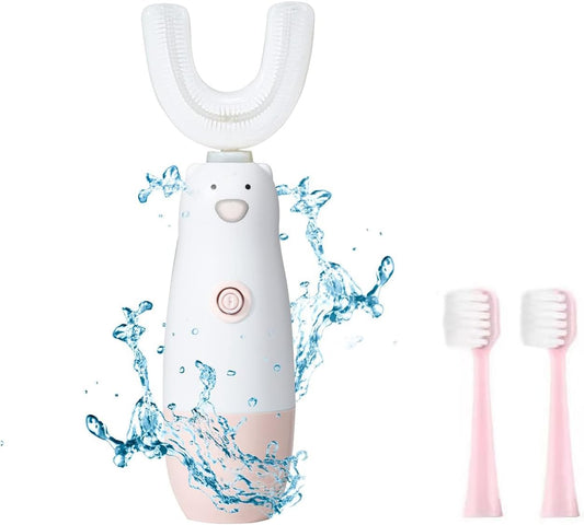 Kids Electric Toothbrush，U Shaped Toothbrush Waterproof Battery Powered 360 Automatic Sonic Toddler Toothbrushes for 8-13 Years Old for Boys Girls,with 2 Replacement Brush Heads（Pink）