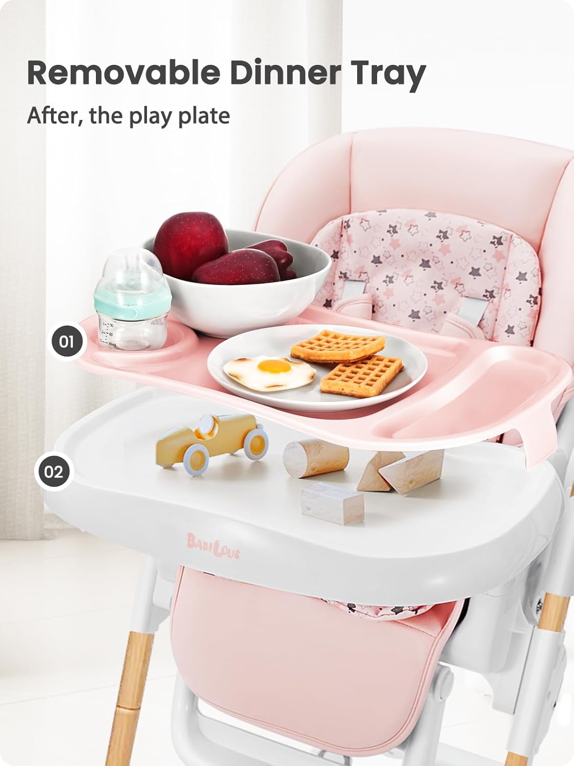 Foldable High Chair with Soft Cushion, High Chairs for Babies and Toddlers, Height Adjustable Feeding Chair, Adjustable Backrest and Footrest, Lockable Wheels, Woodgrain Star Pink