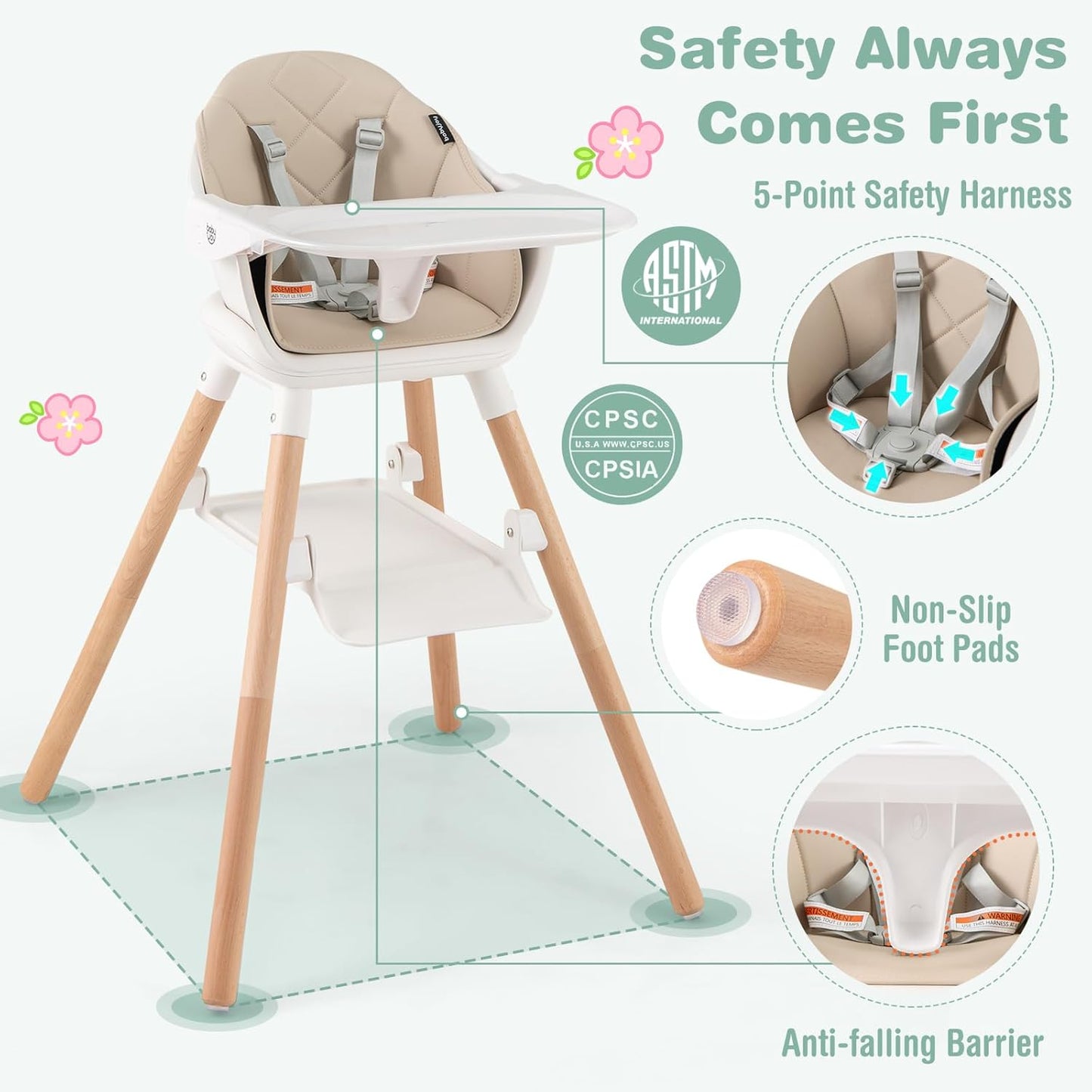 BABY JOY High Chair, 6 in 1 Convertible Wooden Highchair for Babies & Toddlers with Adjustable Legs, Double Removable Tray, Safety Harness & Waterproof PU Cushion (Beige)