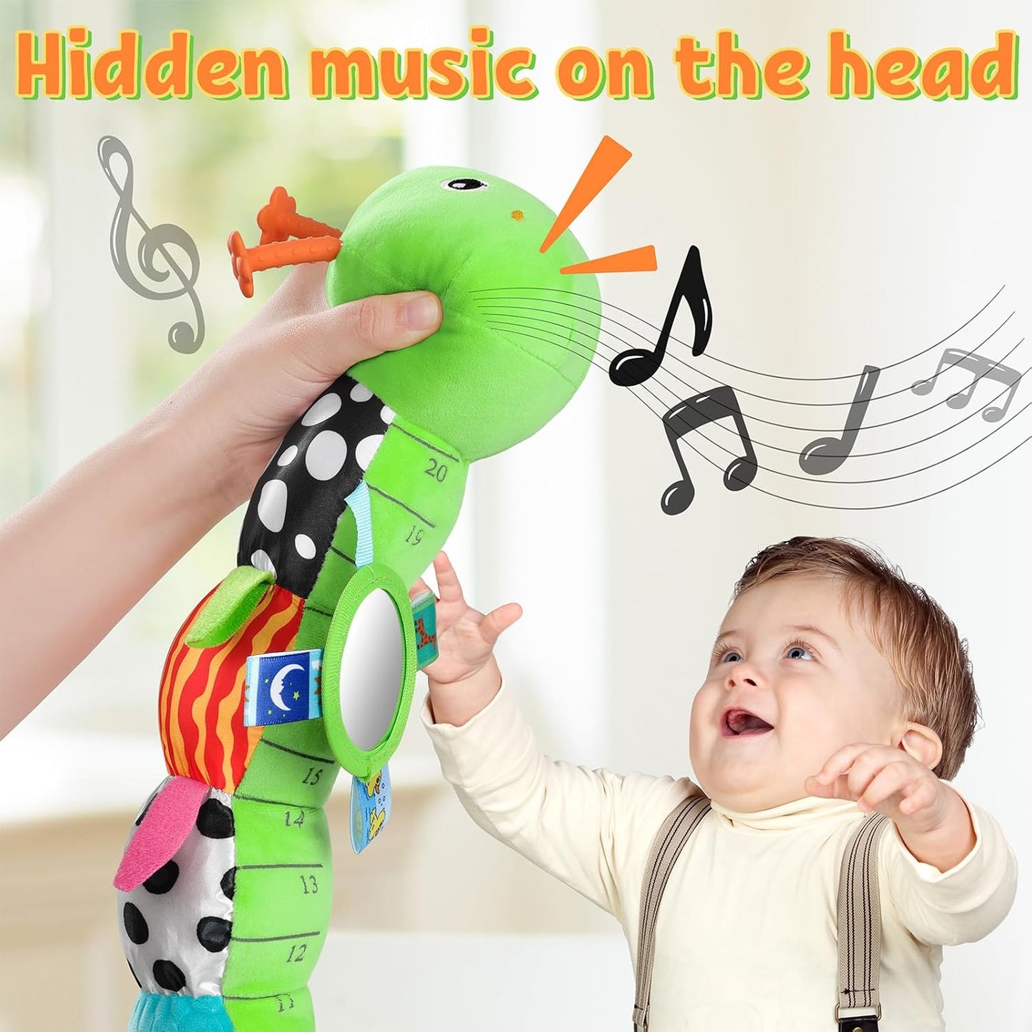 LIGHTDESIRE Baby Toys Musical Caterpillar,Infant Toys Stuffed Animals with Ruler Design,Mirror,Pull String&Ring Bell,Baby Teething Toys for Tummy Time Toys Newborn Gift 3 6 12 Months(Green,Leafy Limb)