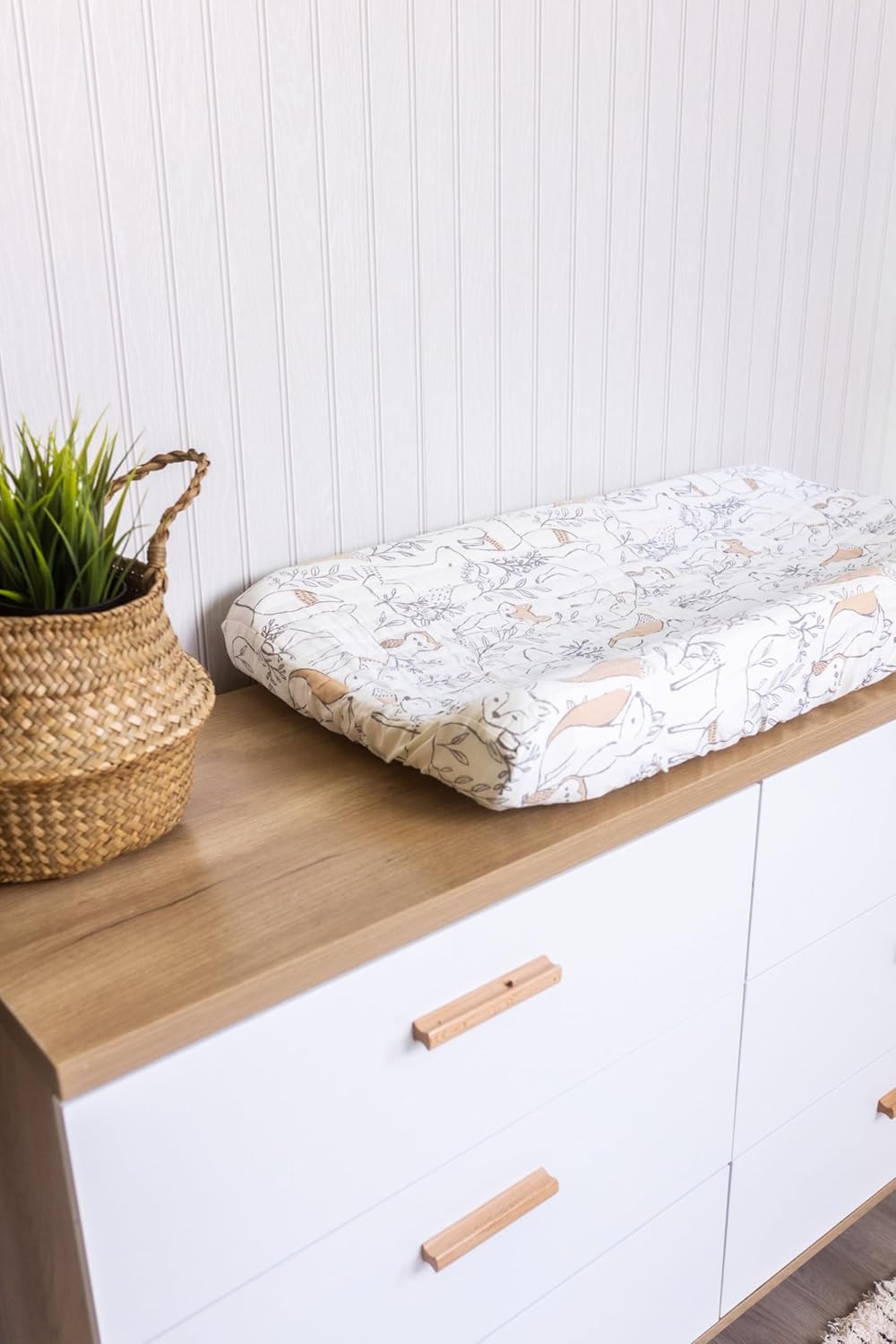 Crane Baby Woodland Quilted Changing Pad Cover, Animal Fox Print, Cotton Sateen, Secure Elastic Fit, Neutral Woodland Animal Nursery Decor for Boys and Girls, Diaper Changing Pad Cover