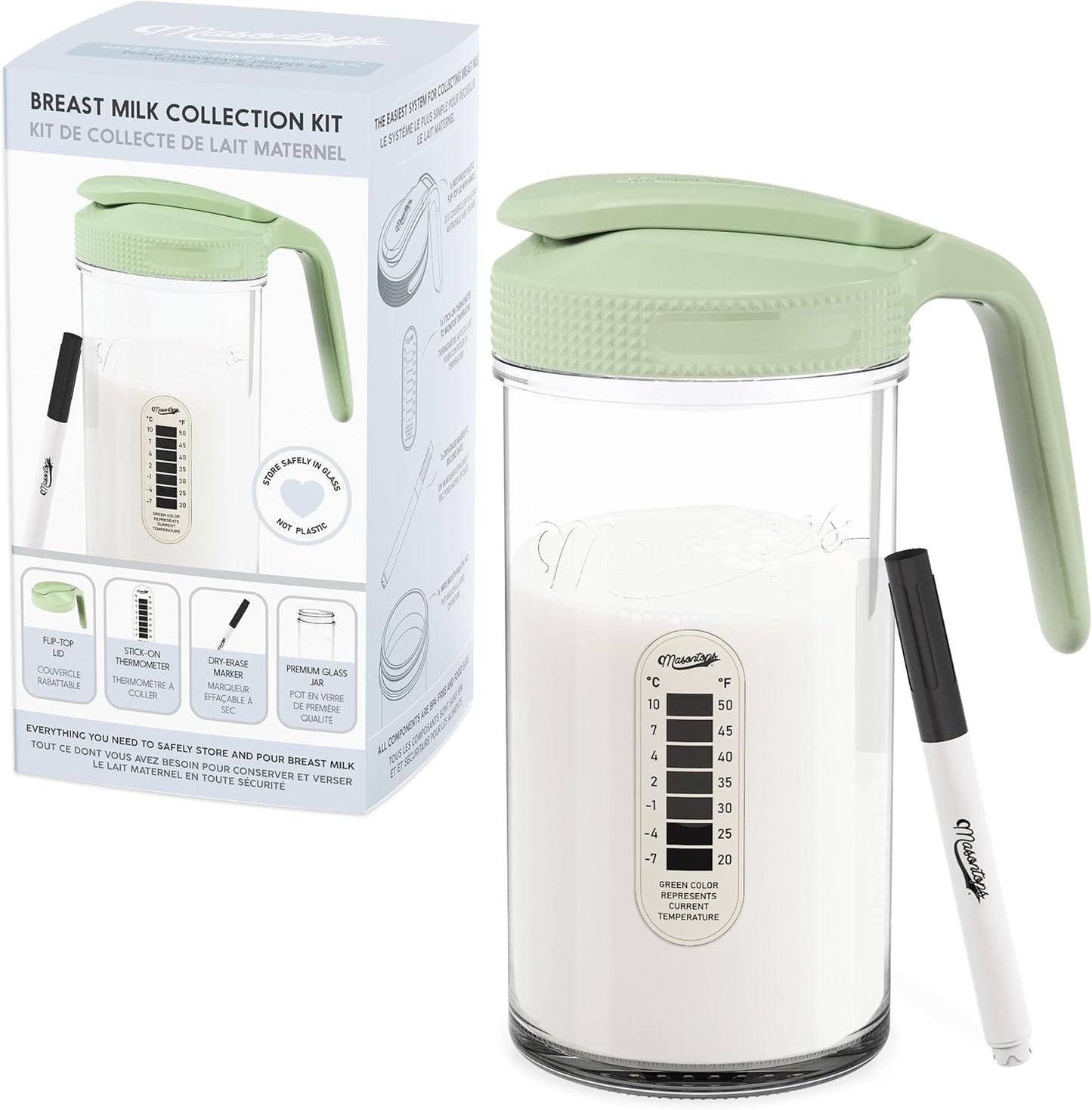 Masontops Breast Milk Storage Kit - 24oz Airtight Mason Jar with Handle, Marker & Stick-on Thermometer for New Moms