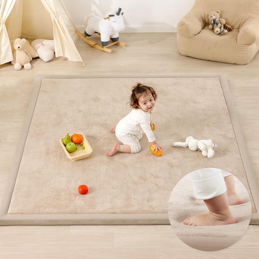 1.3" Thick Baby Play Mat for Floor Playpen,71x59 Large Foam Tummy Time Mat,Padded Support Soft Plush Nursery Rug for Infant,Kids Toddler Crawling Kick Activity (Beige)