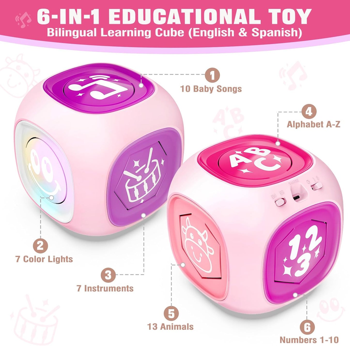 Musical Learning Toys for 1+ Year Old Girl, Bilingual Early Learning Educational Cube with Light & Sound, Baby Girl Toys 12-18 Month, Christmas Birthday Gifts for Toddler Girl 1-2 Year Old