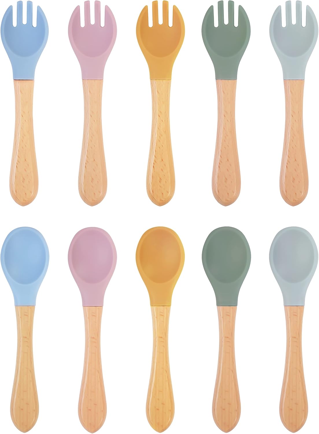 10 pcs Baby Spoons and Forks, First Stage Baby Led Weaning Spoons, Chewable Baby Utensils for Self-Feeding, Bamboo and Silicone Baby Utensils, Kids Utensils for Over 6 Months Babies