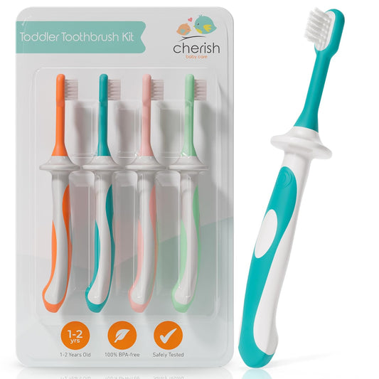 Cherish Baby Care Toddler Toothbrushes 1-2 Years (4-Pack) - BPA-Free & Safety-Tested Kids Toothbrush Kit, Designed by a Pediatric Dentist, Soft-Grip Toothbrush for Kids, My First Toothbrush Set