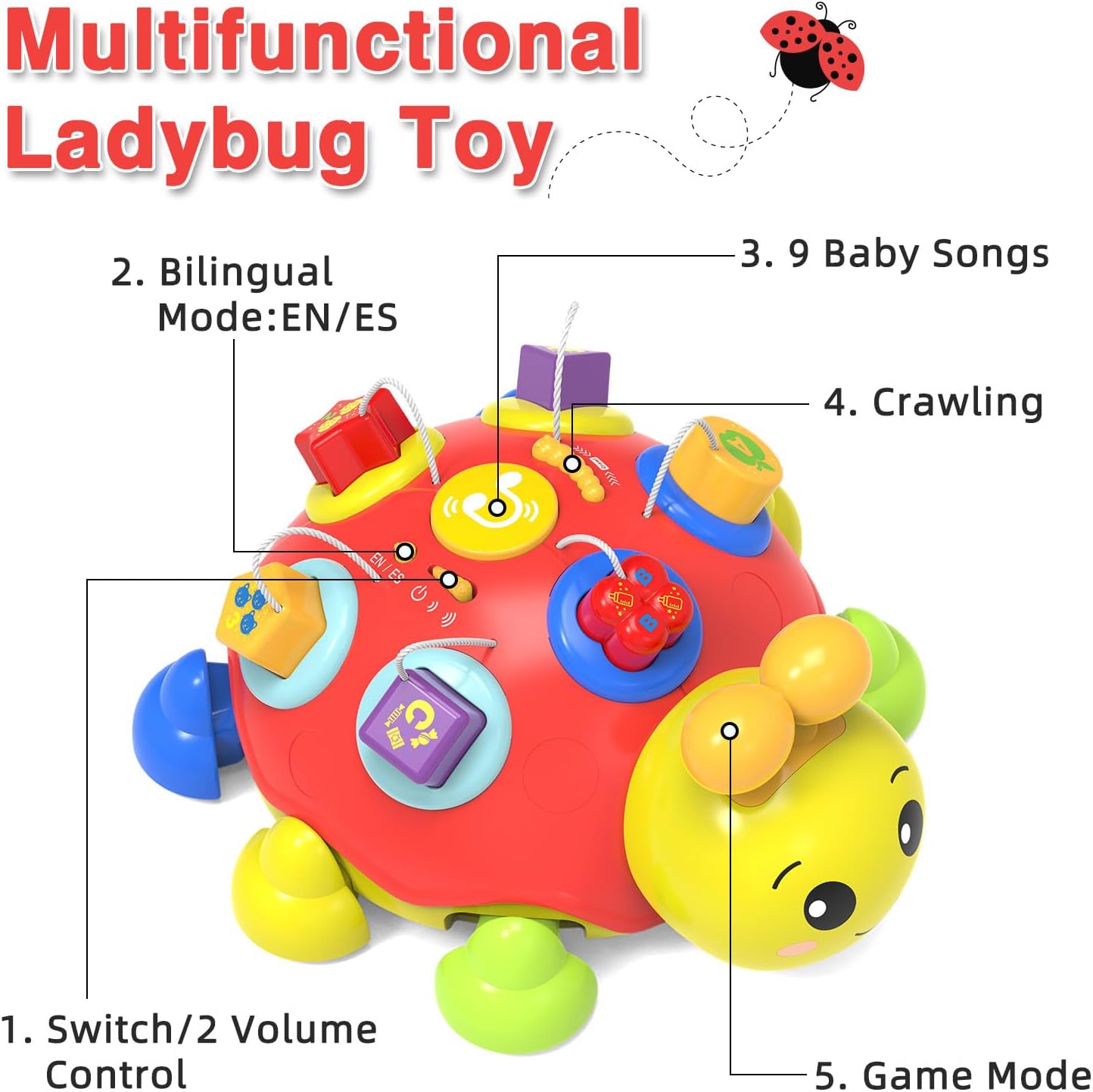 Baby Crawling Toys 6-12 Months,Musical Ladybug Crawling Toy for Infants 0-3-6 7 8 9 10 12-18 Months,Early Education Light Up Music Walking Toys,Shape Matching,Tummy Time Toys for Boy Girl Gift (Red)