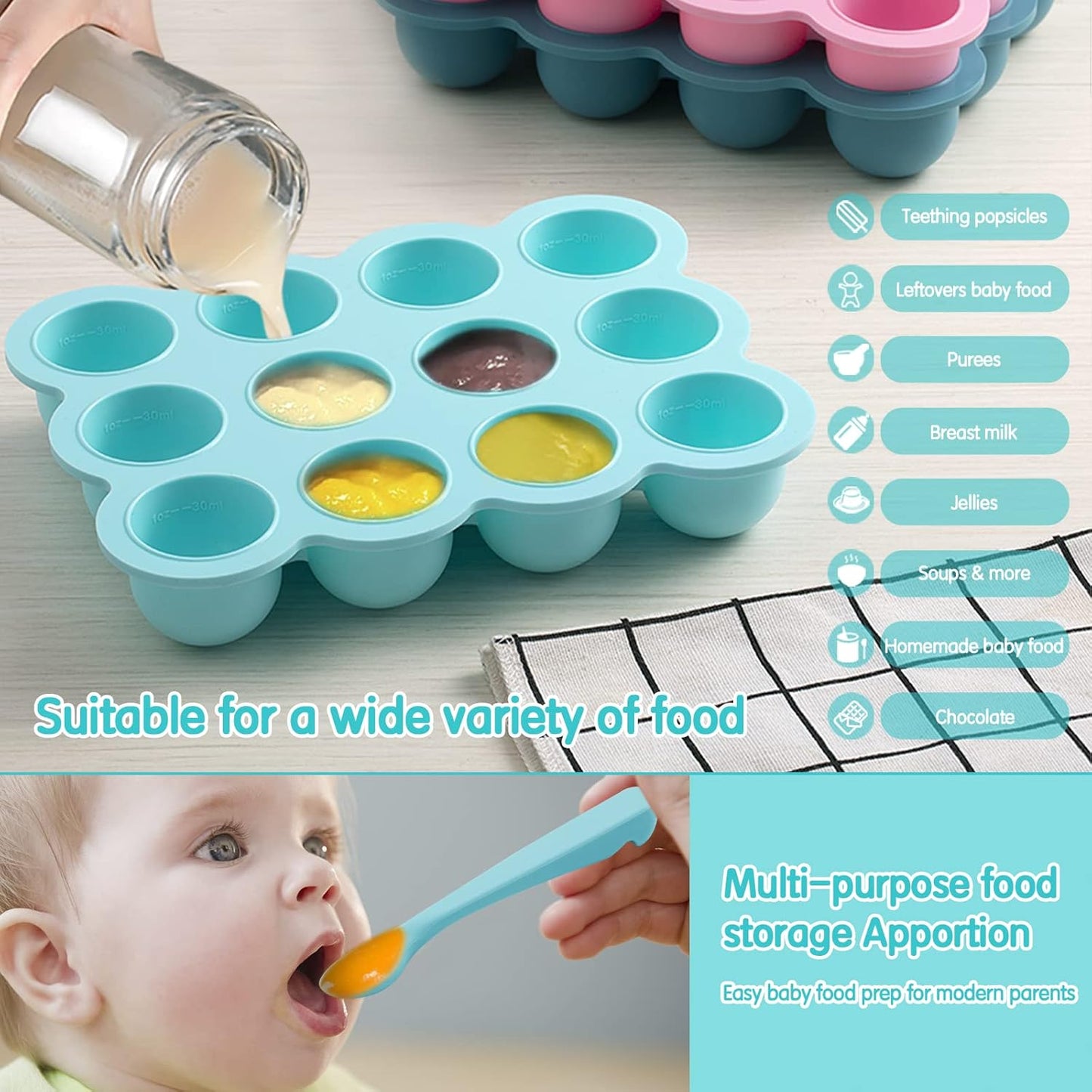 Baby Food Storage Container - 12 x 1.5OZ Freezer Tray With Cover, Food Grade Silicone Container for Homemade Baby Food, Vegetables