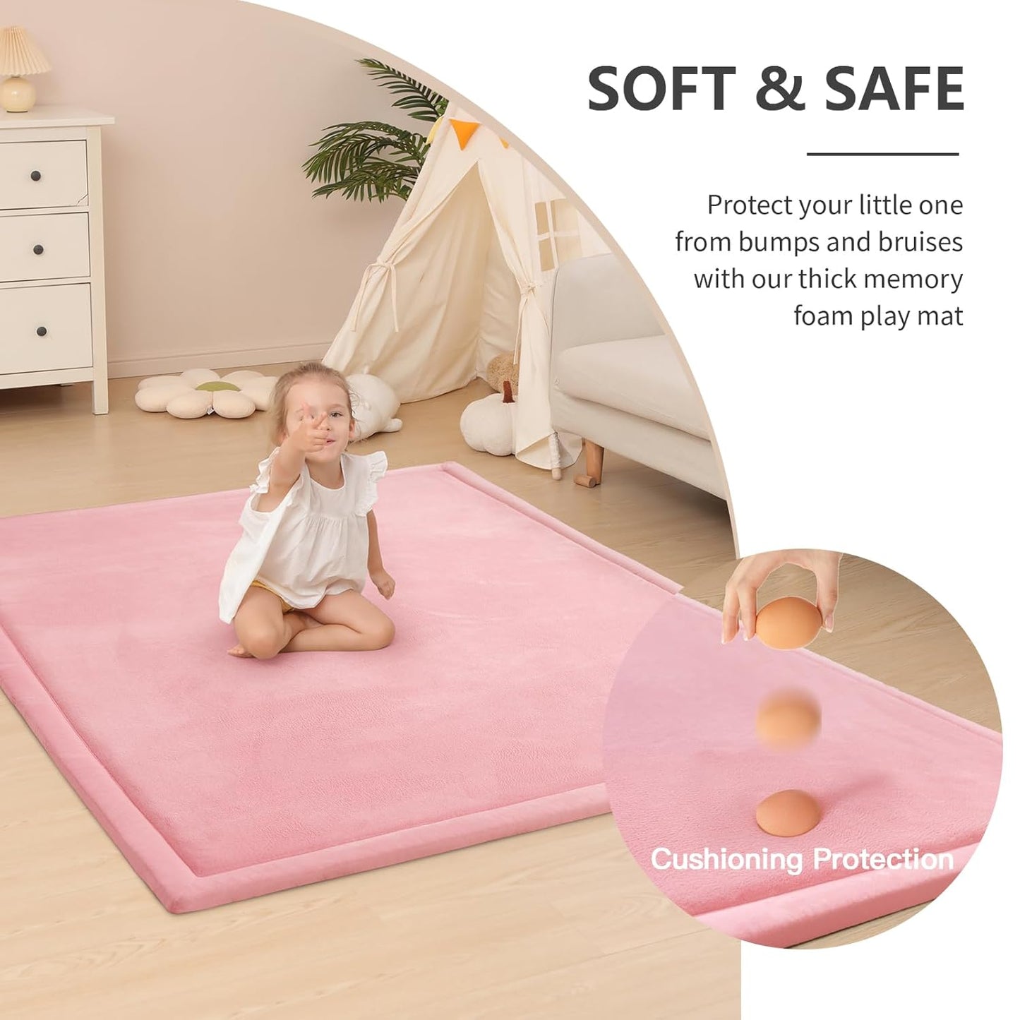 Baby Play Mat for Floor,1.3" Thick Memory foam Tummy Time Mat,Soft Coral Velvet Nursery Rug,Extra Large Non Slip for Crawling,Toddlers,Infants,kids,Yoga&Tatami Style for Living Room(Pink)