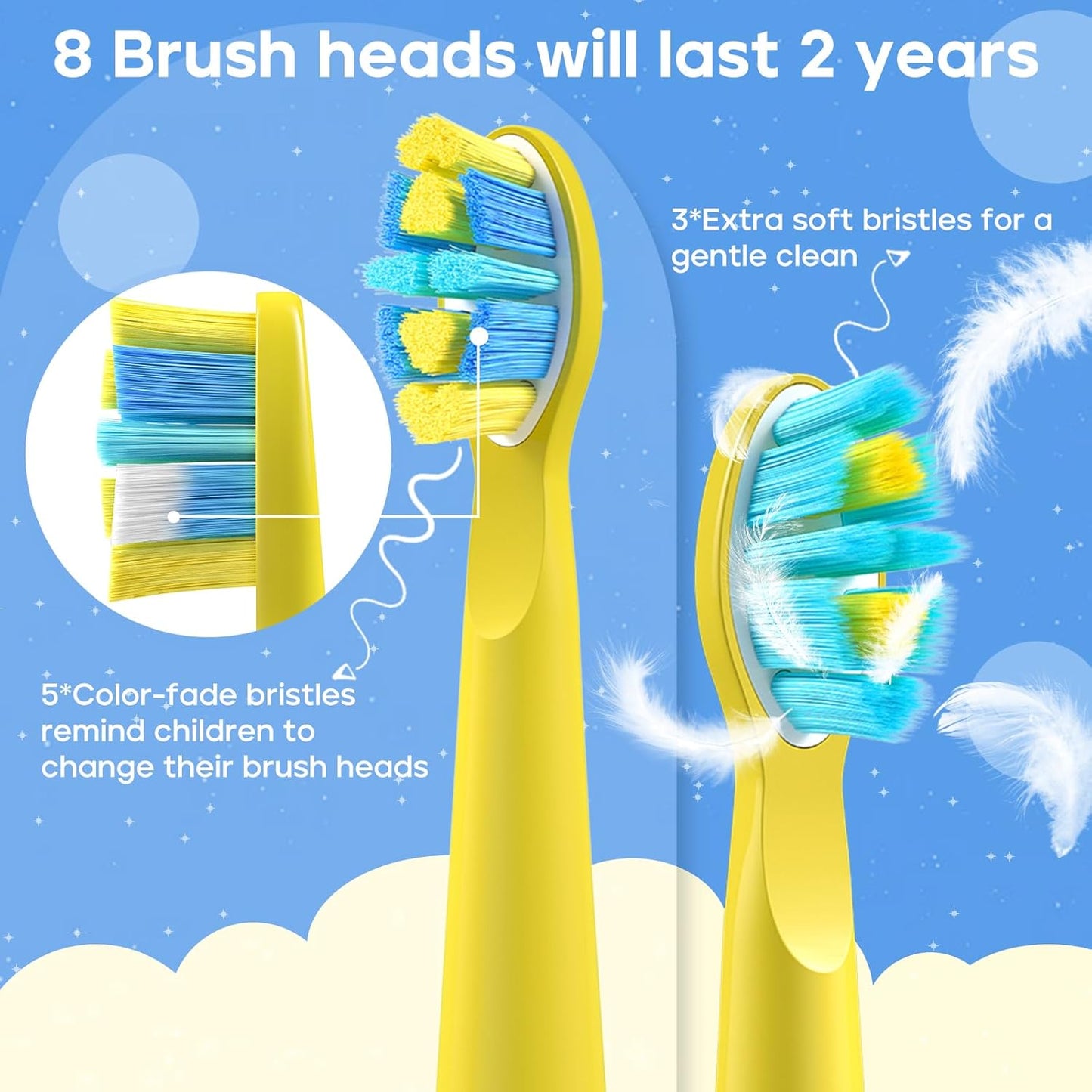 SEAGO Kids Electric Toothbrush, Rechargeable Sonic Soft Bristle Toothbrushes with 8 Brush Heads, DIY Stickers and 5 Modes, Ideal for Kids and Children, Ages 3–12,SG2303(Yellow)