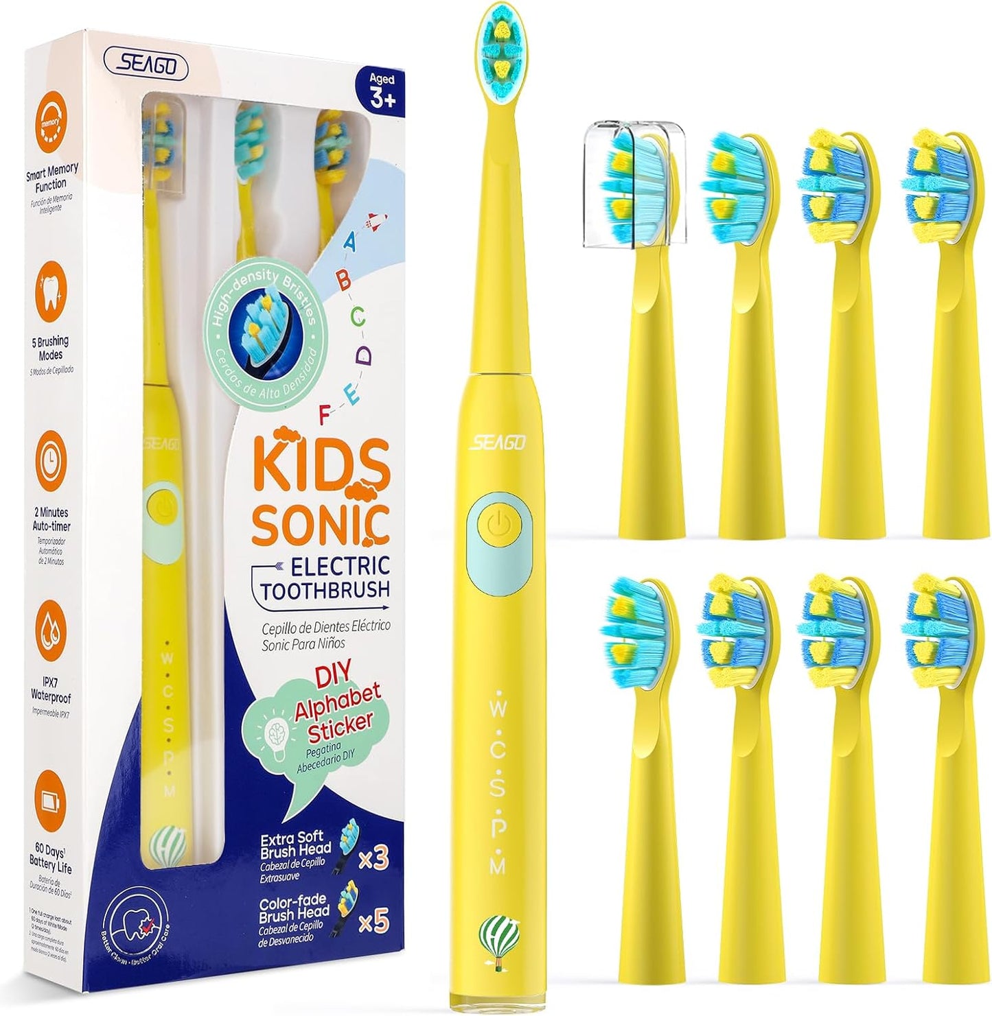 SEAGO Kids Electric Toothbrush, Rechargeable Sonic Soft Bristle Toothbrushes with 8 Brush Heads, DIY Stickers and 5 Modes, Ideal for Kids and Children, Ages 3–12,SG2303(Yellow)