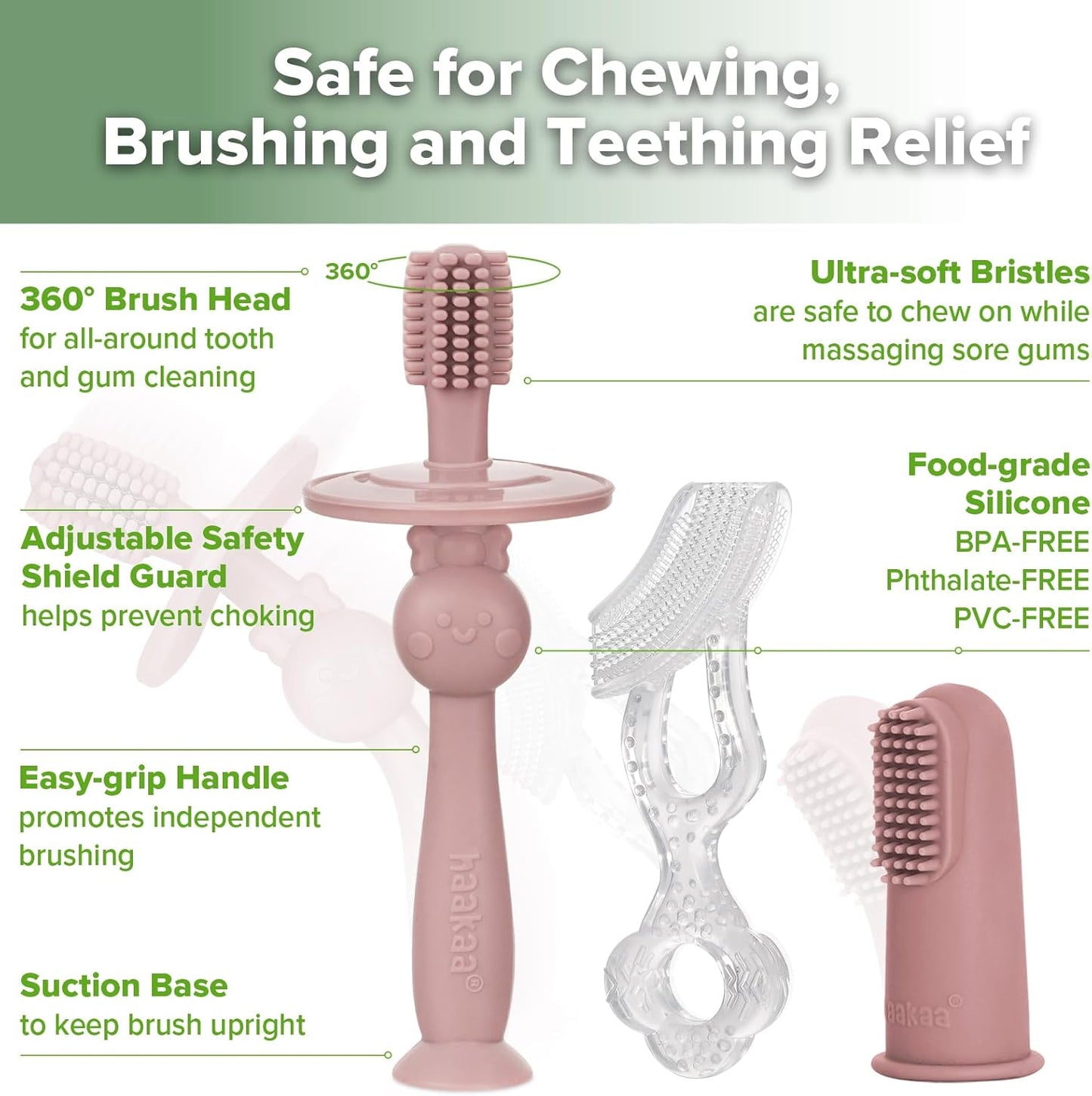 haakaa Training Toothbrush Set Oral Care Kit, Soft Silicone Toothbrush for Baby, Infants, Toddlers & Kids, Blush