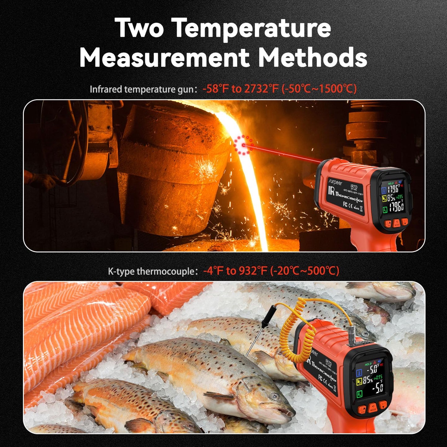 -58°F to 2732°F Infrared Thermometer Temperature Gun with Thermocouple Probe, 50:1 Laser Temperature Gun for Humidity Measurement, BBQ, AC, High Temp Gun for Engine, Kiln, Forging, Industrial Use