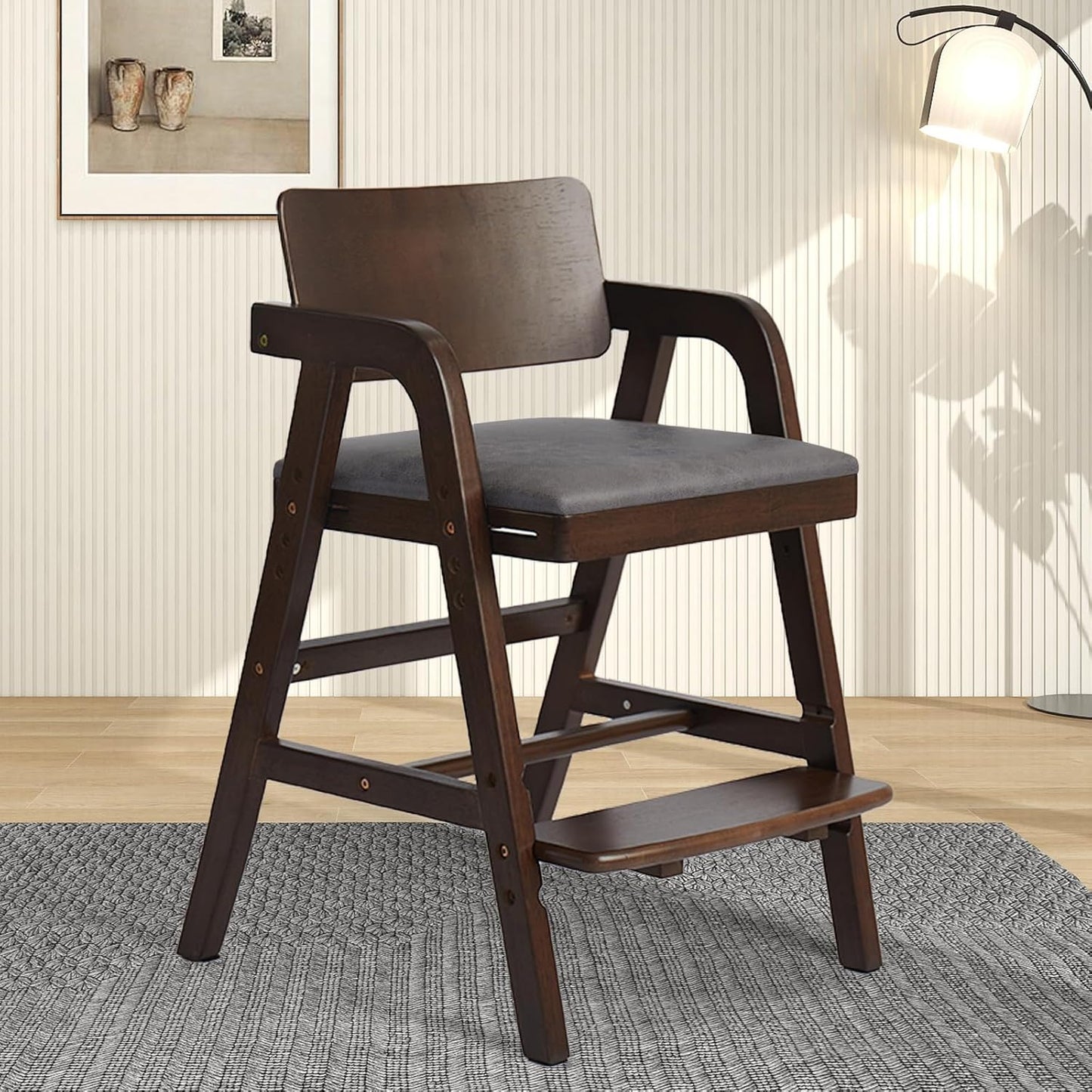 Solid Wood High Chair for Toddlers to Teens, Adjustable Height Toddler Dining Chair, Easy to Clean Toddler Highchair with Removable PU Cushion for Dining, Studying, Step Tool, Walnut