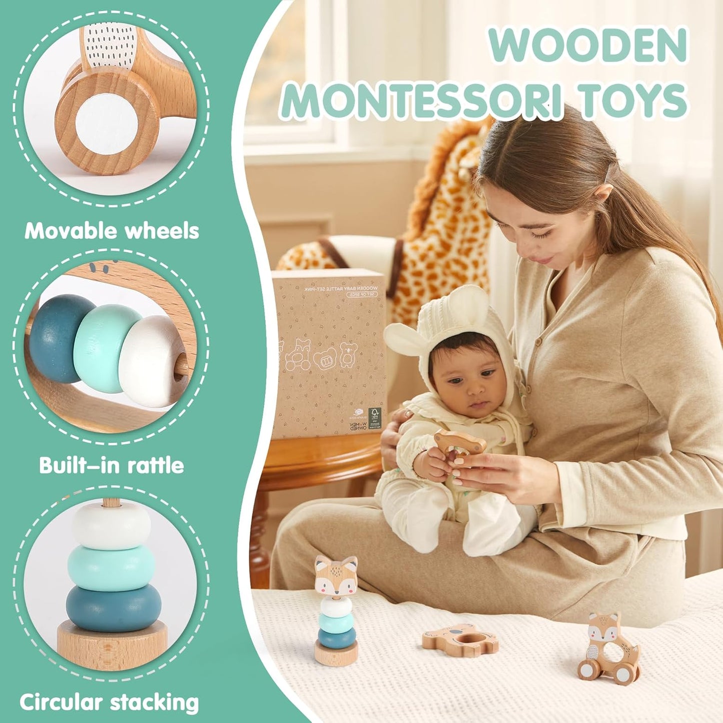 Freniland Wooden Montessori Toys, 5-Piece Wooden Baby Toy, Koala Baby Rattle, Fox Stacking Ring, Little Fox Push and Pull Toys,Koala Holding Toy,Newborn Baby Gift Sets for Boys and Girls