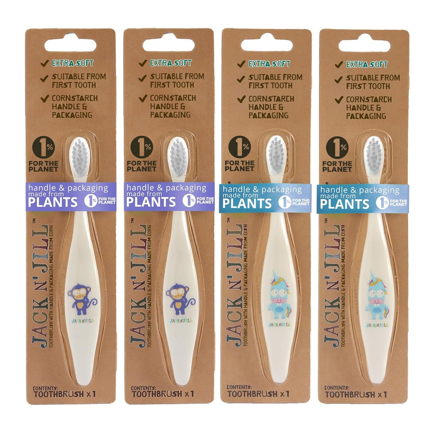 Jack N' Jill Baby & Toddler Toothbrush - 12 Months & Up, Age 2-4, Natural, Soft, Non Toxic, Cornhusk Handle, Kids Toothbrushes for Girls & Boys - Assorted Characters (4 Pack)