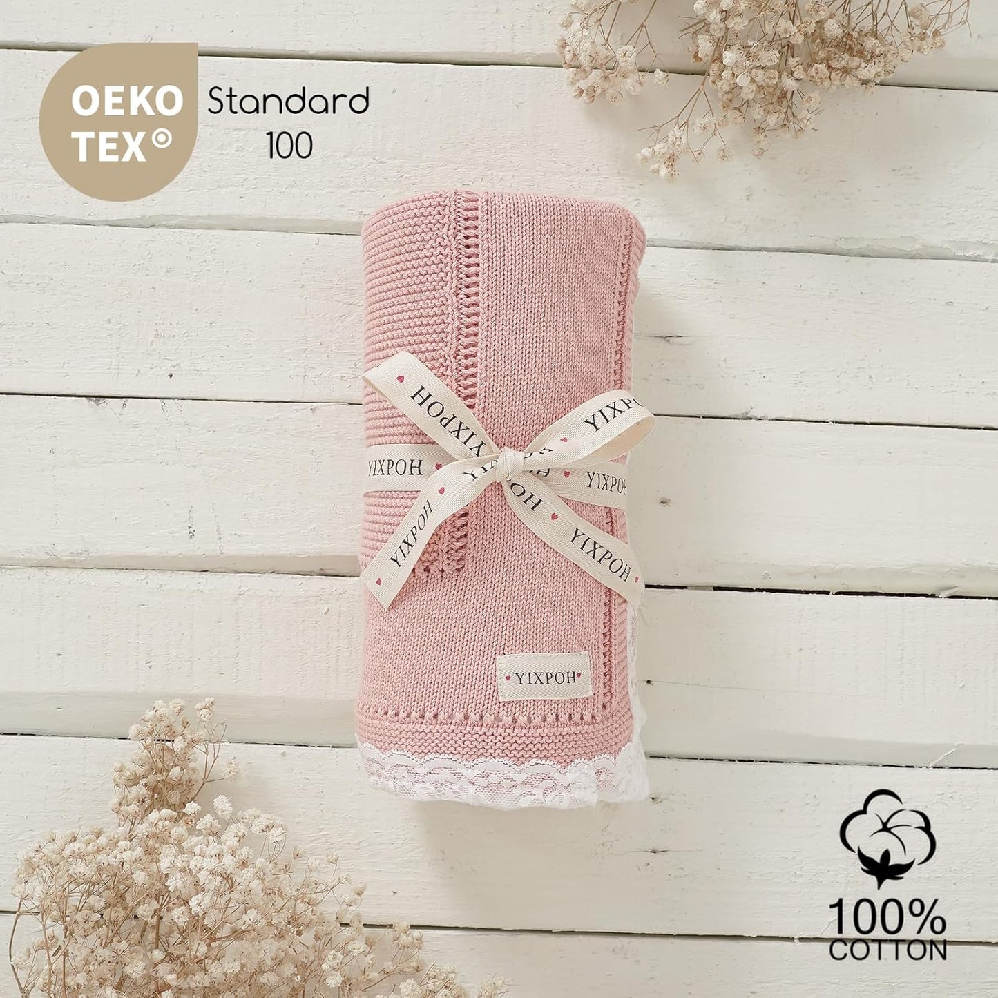 100% Organic Cotton Baby Blanket Knitted Softer Receiving Swaddle Warm Cozy Cuddle Crib Blanket for Newborns Infants Toddlers Boy and Girls Blush Pink