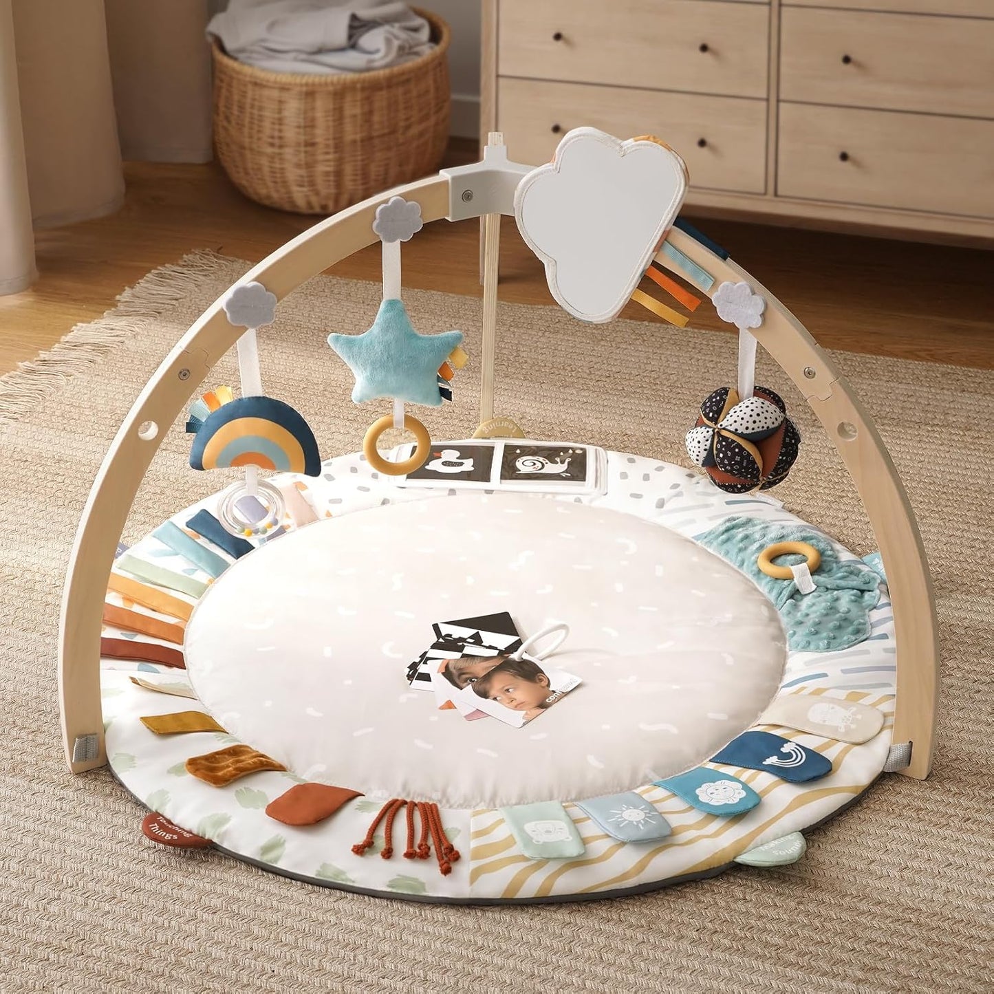 Blissful Diary Baby Play Gym & Activity Mat, 5 Developmental Zones Wooden Tummy Time Mat with 5 Detachable Sensory Toys for Motor Skills & Sensory Development, Baby Essentials Shower Gift