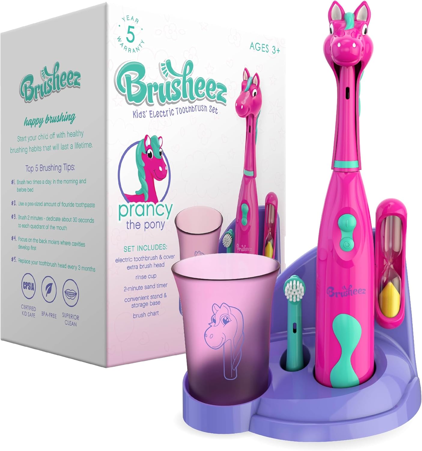 Brusheez Kids’ Electric Toothbrush Set - Safe & Effective for Ages 3+ - Parent Tested & Approved with Gentle Bristles, 2 Brush Heads, Rinse Cup, 2-Minute Timer, & Storage Base (Prancy The Pony)