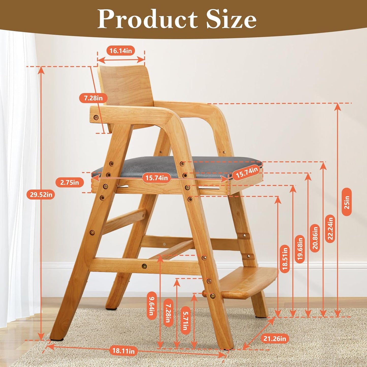 Solid Wood High Chair for Toddlers to Teens, Adjustable Height Toddler Dining Chair, Easy to Clean Toddler Highchair with Removable PU Cushion for Dining, Studying, Step Tool, Natural