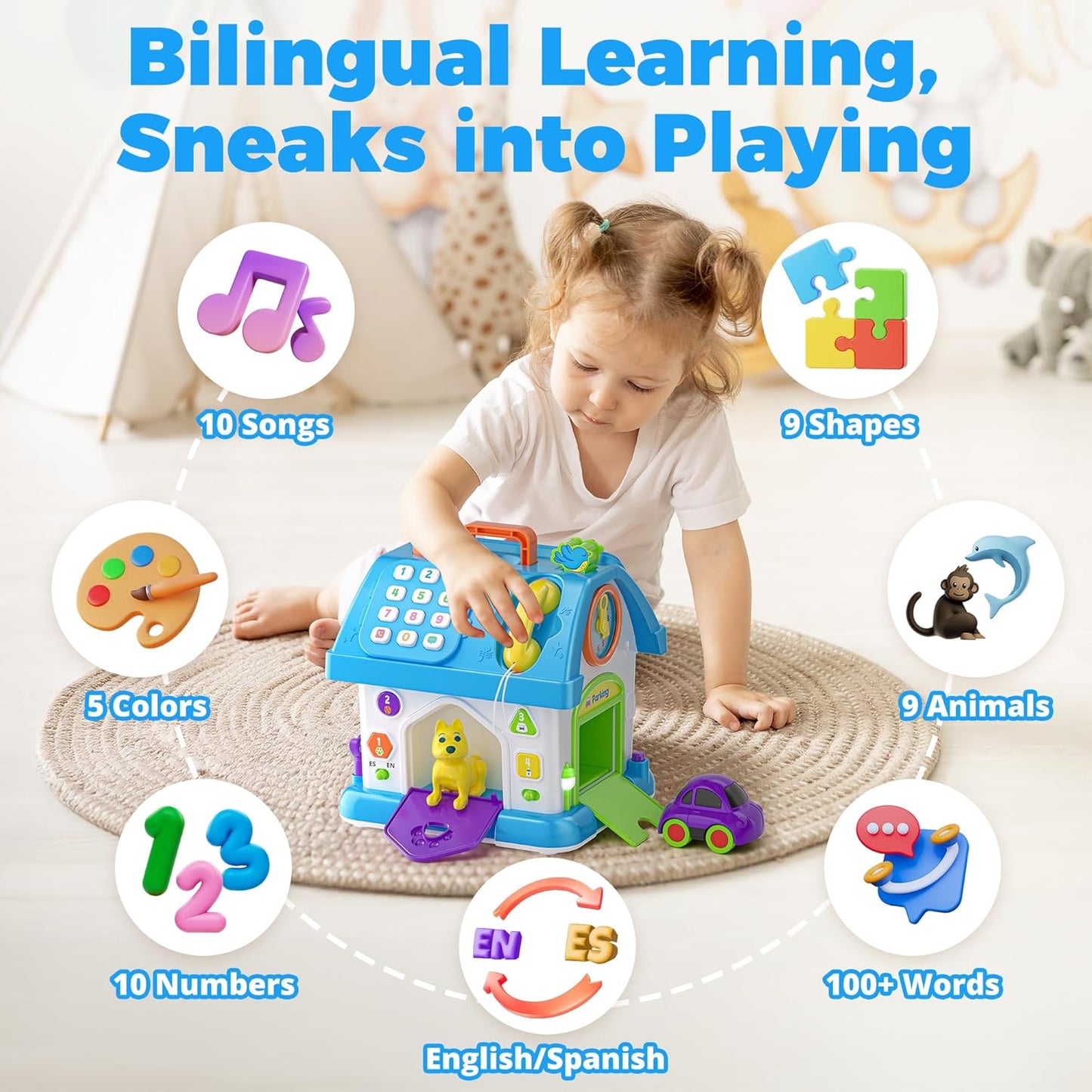 Montessori Toy for 1 Year Old Boy Gifts, Musical Baby Toy 9-12-18 Month, Bilingual Educational Toddler Toys Age 1-2, First Birthday Gift for 1 Year Old Boy (Blue)