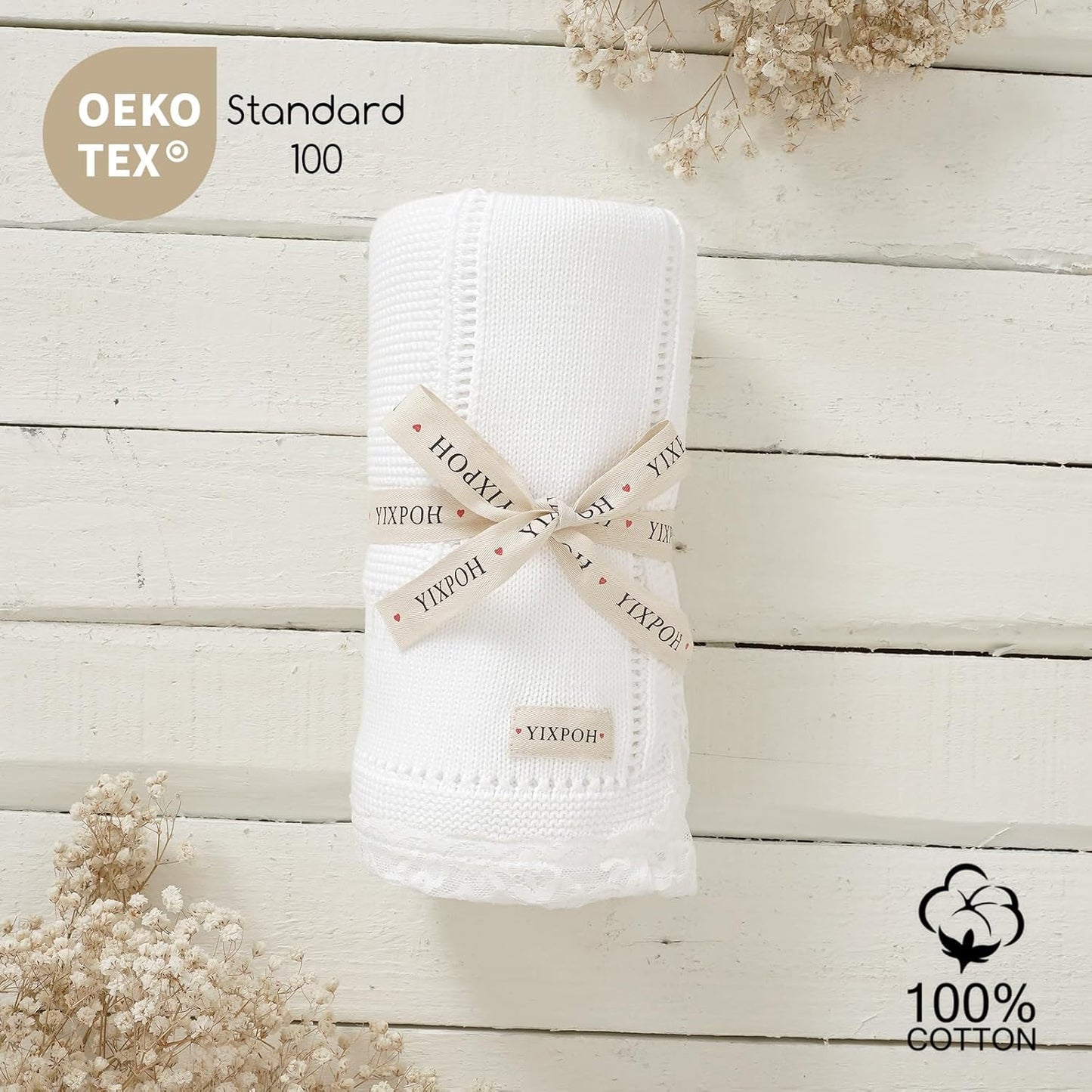 100% Organic Cotton Baby Blanket Knitted Softer Receiving Swaddle Warm Cozy Cuddle Crib Blanket for Newborns Infants Toddlers Boy and Girls White