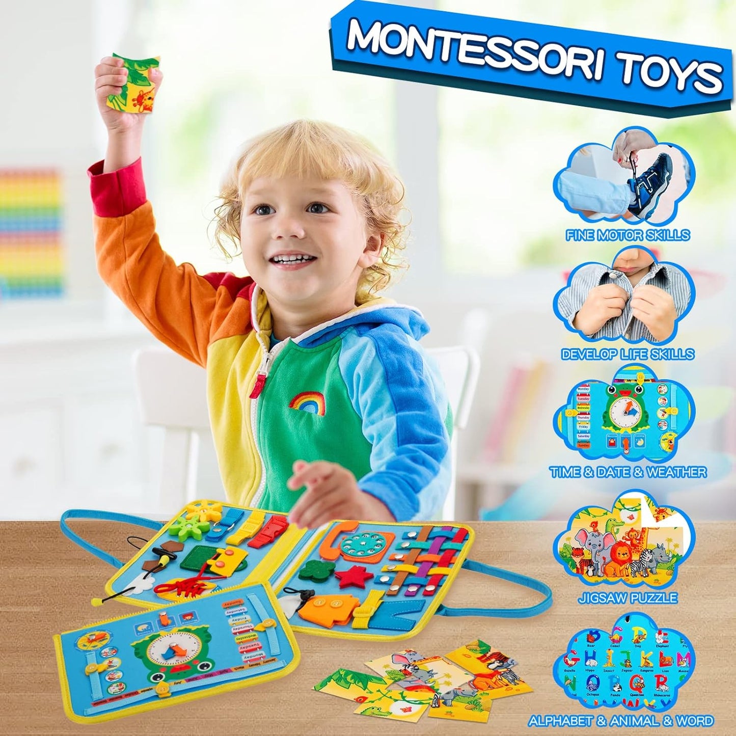 MORNOR Busy Board for Toddlers 1-4, Sensory Activity Board for Learning, Travel Toys, Montessori Toys for Fine Motor Skills, Gift for Boys & Girls (Blue)